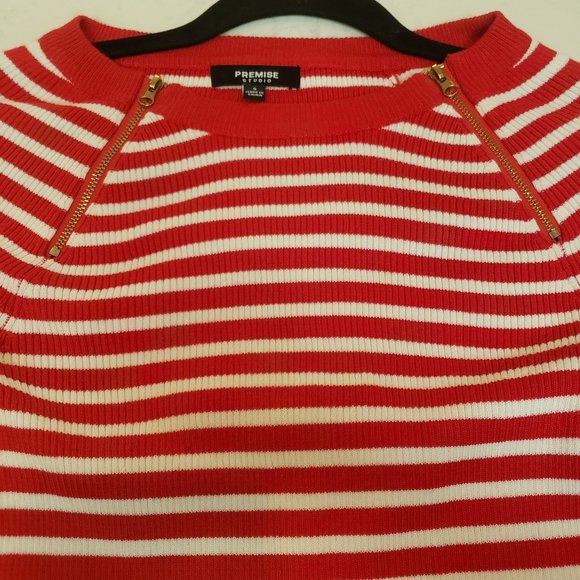 Premise Studio knit sweater size Small striped red white gold tone zipper accent - Picture 3 of 9